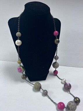 Vintage Statement Necklace Gold Tone Signed Tag Unique Style Jewelry approx 33in